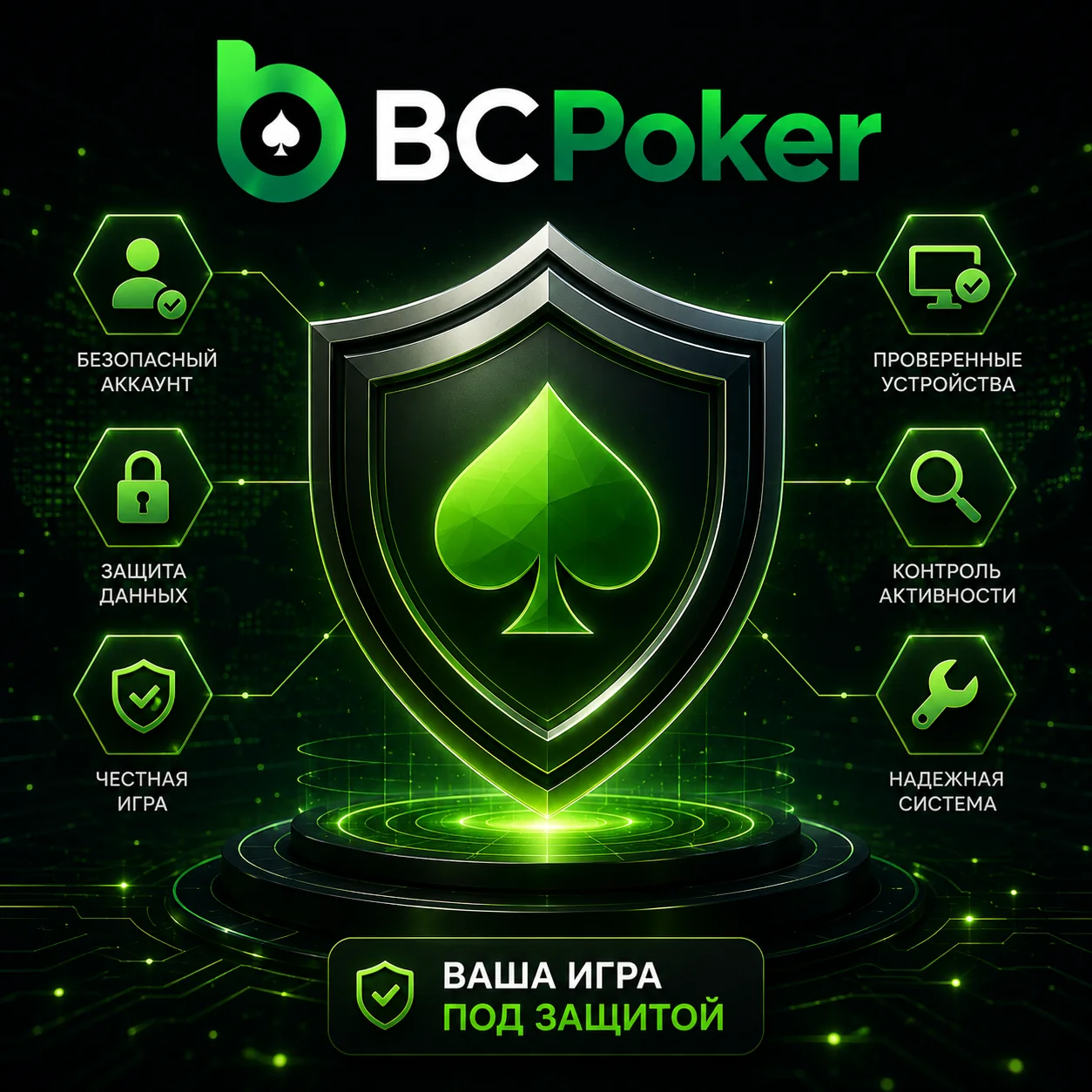 Щит безопасности BCPoker для защиты аккаунта и честной игры.